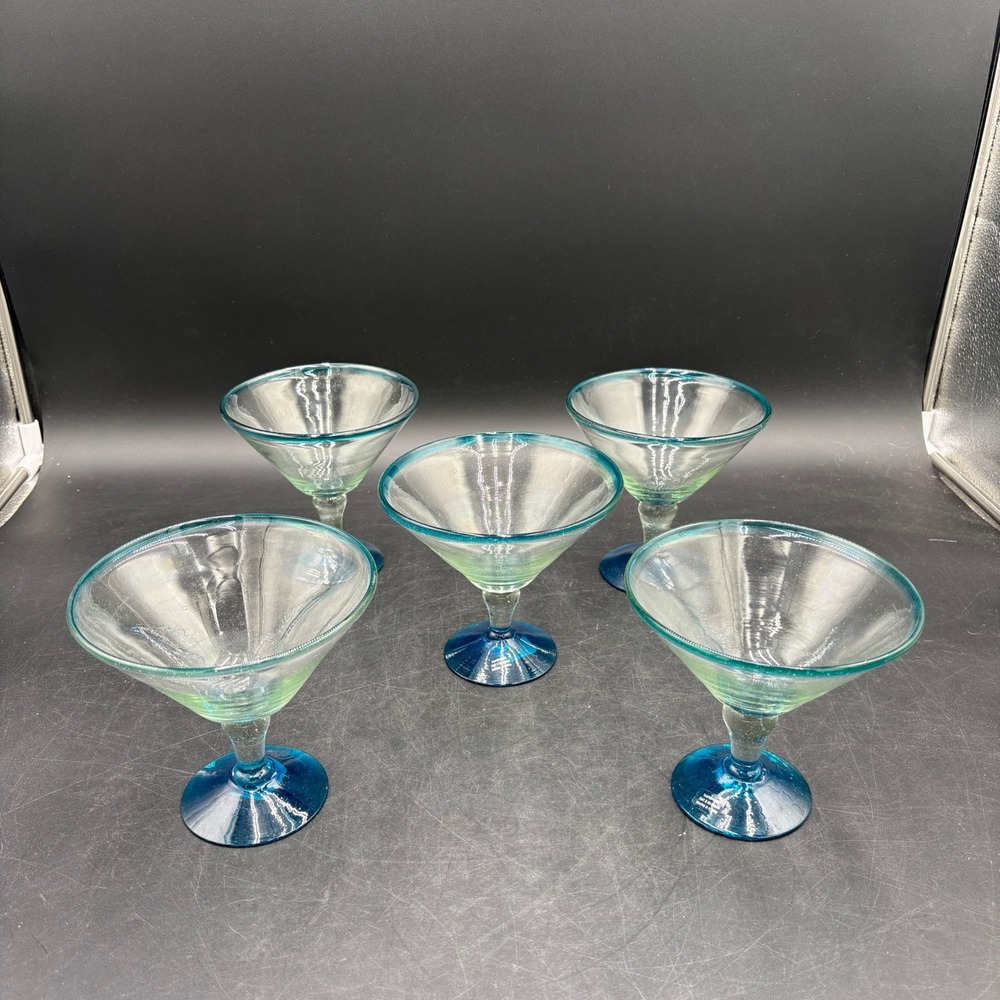 Crate & Barrel Sunny Cocktail Glasses Set of 5 Blue Rim Handmade Mexico 11oz